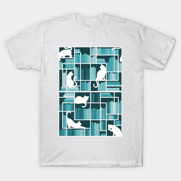 Rainbow bookshelf // monochromatic teal aqua white shelf and library cats T-Shirt by SelmaCardoso